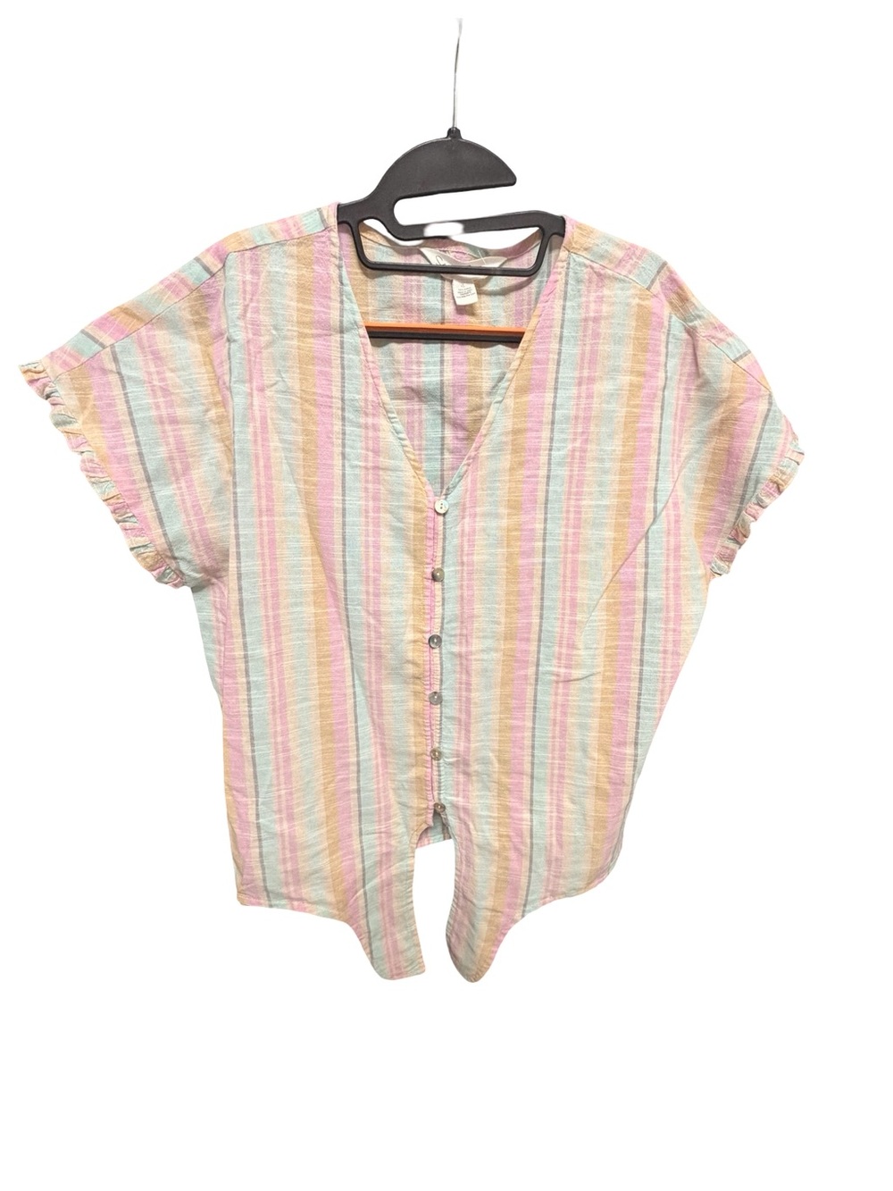 French Laundry Pastel Pink Rainbow Stripe Ruffle Sleeve Tie Front Blouse Size L - Picture 2 of 7